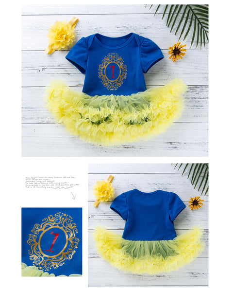 Baby Girls Princess 1st Birthday Costume 2PCS Outfits (Romper+Headband )