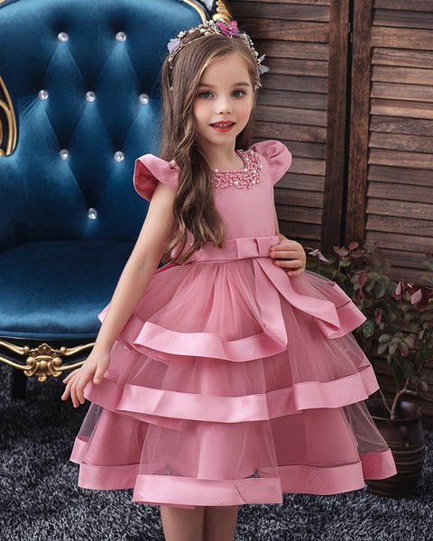 Girls Layered Knee-length Pearl Decor Birthday Party Dress