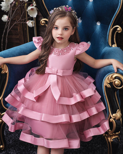 Girls Layered Knee-length Pearl Decor Birthday Party Dress