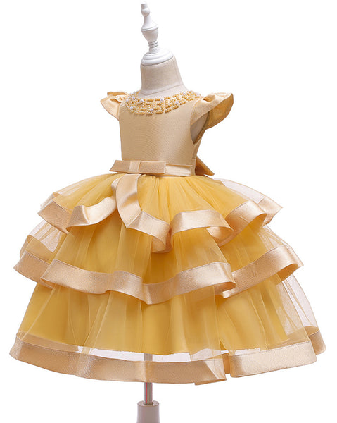 Girls Layered Knee-length Pearl Decor Birthday Party Dress