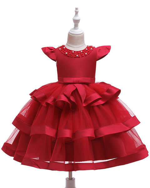 Girls Layered Knee-length Pearl Decor Birthday Party Dress