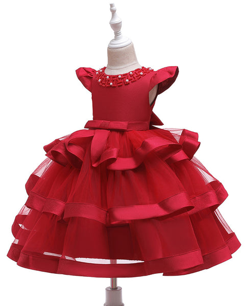 Girls Layered Knee-length Pearl Decor Birthday Party Dress