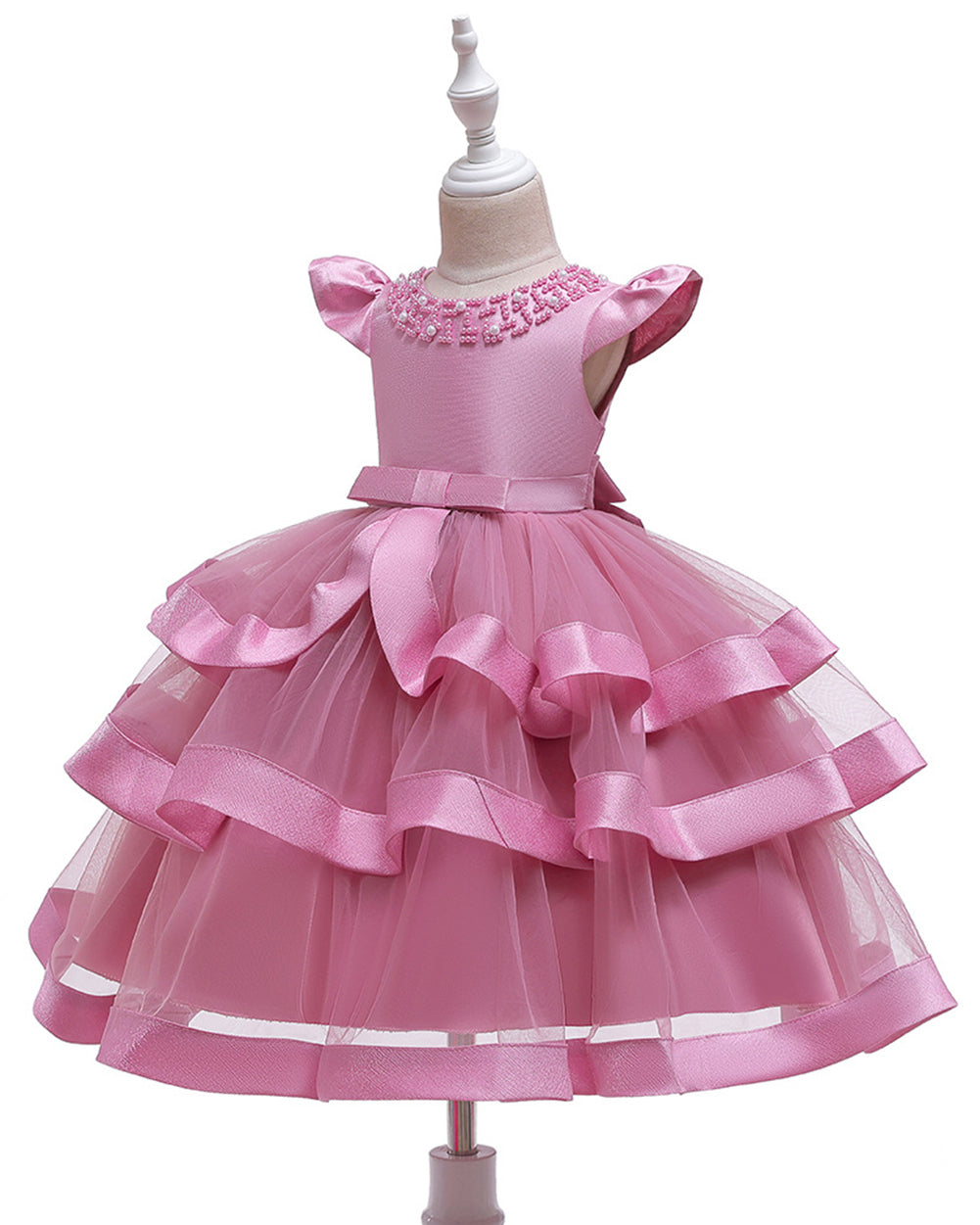 Girls Layered Knee-length Pearl Decor Birthday Party Dress