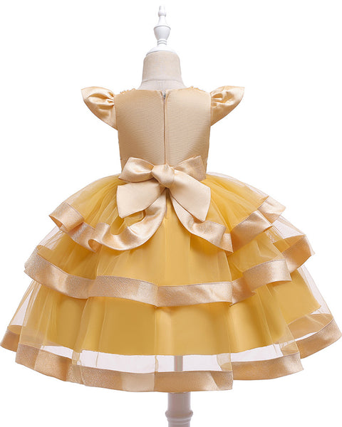 Girls Layered Knee-length Pearl Decor Birthday Party Dress