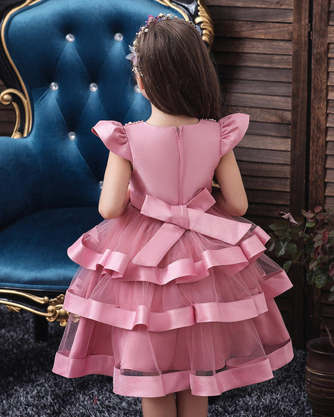 Girls Layered Knee-length Pearl Decor Birthday Party Dress