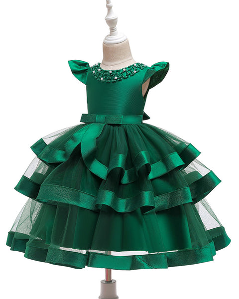 Girls Layered Knee-length Pearl Decor Birthday Party Dress