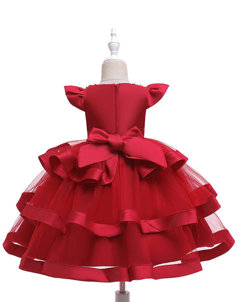 Girls Layered Knee-length Pearl Decor Birthday Party Dress