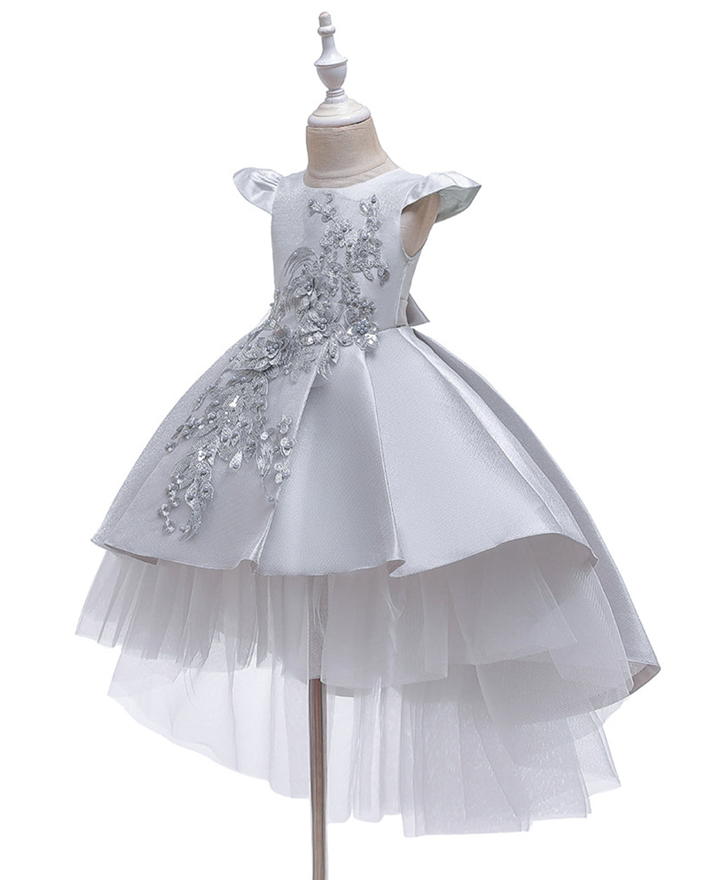 Girls Floral Embroidered Tulle Birthday Wedding Dress Flower Girl Dress With Train