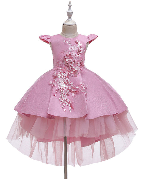 Girls Floral Embroidered Tulle Birthday Wedding Dress Flower Girl Dress With Train