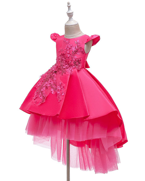 Girls Floral Embroidered Tulle Birthday Wedding Dress Flower Girl Dress With Train