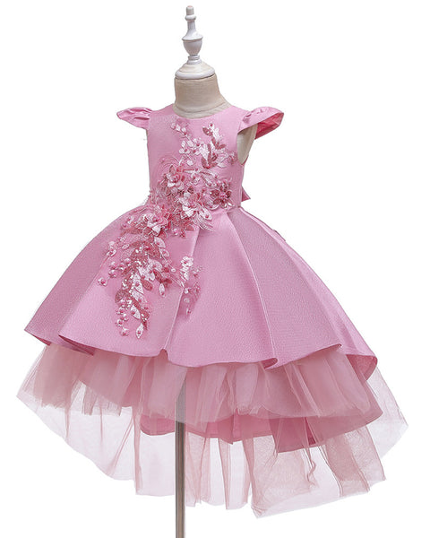 Girls Floral Embroidered Tulle Birthday Wedding Dress Flower Girl Dress With Train
