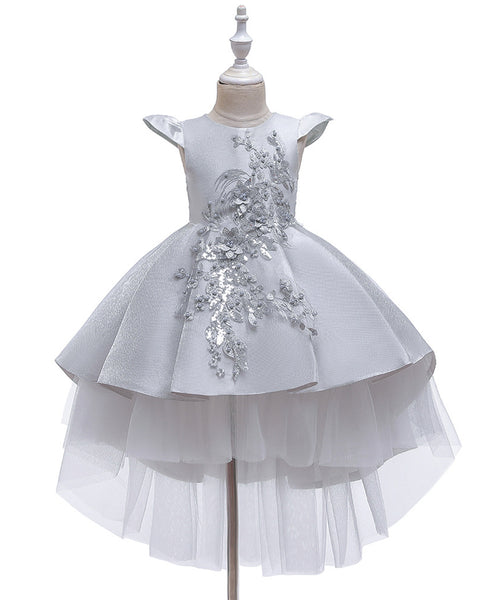 Girls Floral Embroidered Tulle Birthday Wedding Dress Flower Girl Dress With Train