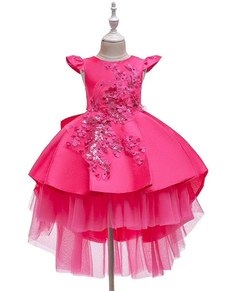 Girls Floral Embroidered Tulle Birthday Wedding Dress Flower Girl Dress With Train