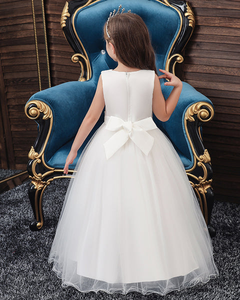 Girls Sleeveless Flower Wedding Dress Long Style Tulle Princess Dress