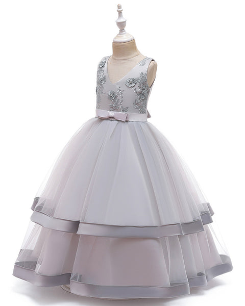 Girls Sleeveless V-neck Bow Tie Christmas Flower Pageant Wedding Dress