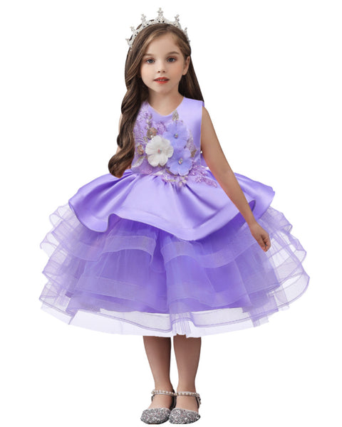 Girls Sleeveless 3D Flower Knee-Length Formal Dress