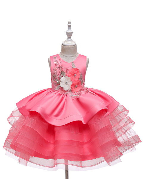 Girls Sleeveless 3D Flower Knee-Length Formal Dress