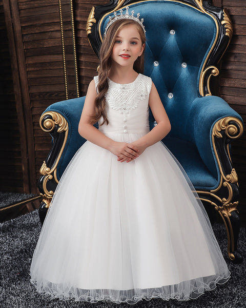 Girls Sleeveless Flower Wedding Dress Long Style Tulle Princess Dress