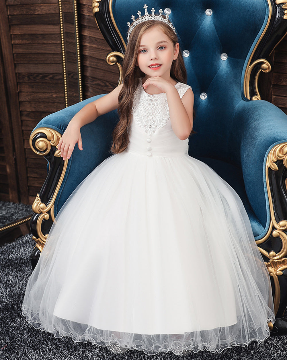 Girls Sleeveless Flower Wedding Dress Long Style Tulle Princess Dress