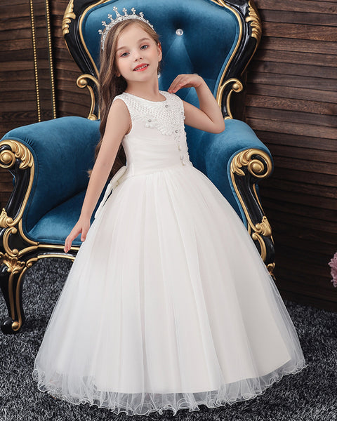 Girls Sleeveless Flower Wedding Dress Long Style Tulle Princess Dress