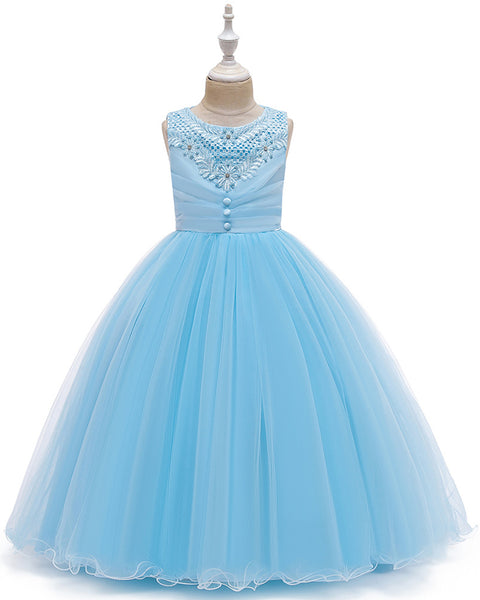 Girls Sleeveless Flower Wedding Dress Long Style Tulle Princess Dress