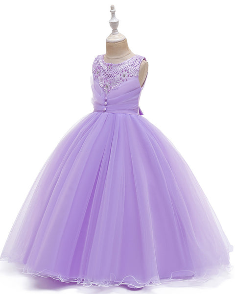 Girls Sleeveless Flower Wedding Dress Long Style Tulle Princess Dress