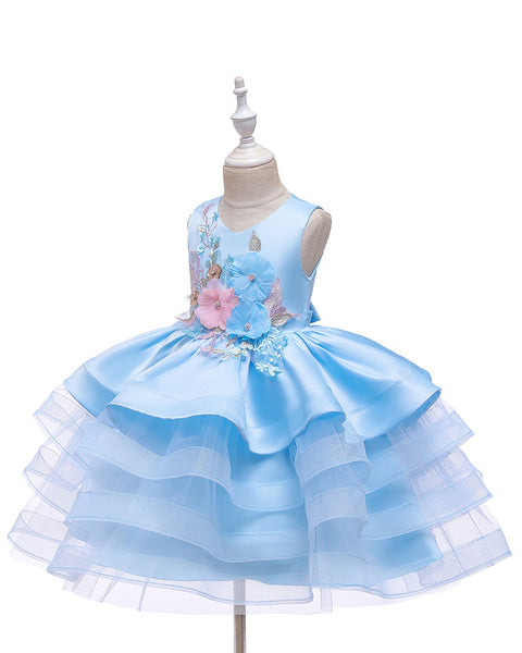 Girls Sleeveless 3D Flower Knee-Length Formal Dress