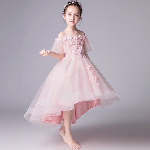 Girls 3D Embroidered Appliques Dress High-low Hem Princess Dress for Wedding Party