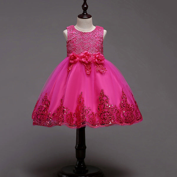 Girls Embroidered Sequins Sleeveless Flower Girl Dress For Wedding