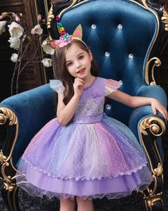 Baby Girls Flower Sequin Floral Knee-Length Dress Pageant Party Dress With Unicorn Headband