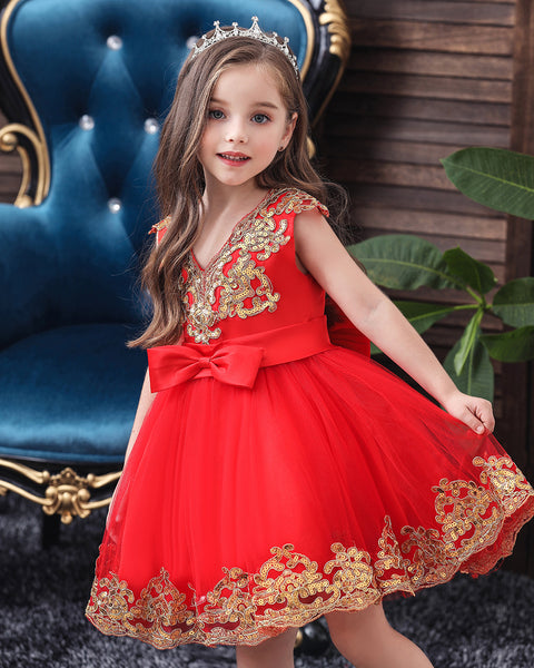 Girls Embroidered Sequins Tulle Dress Big Bow Flower Girl Dress