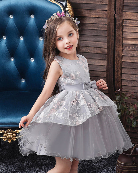 Girls Sleeveless Embroidered Bow Tie Dress Party Wedding Flower Dress