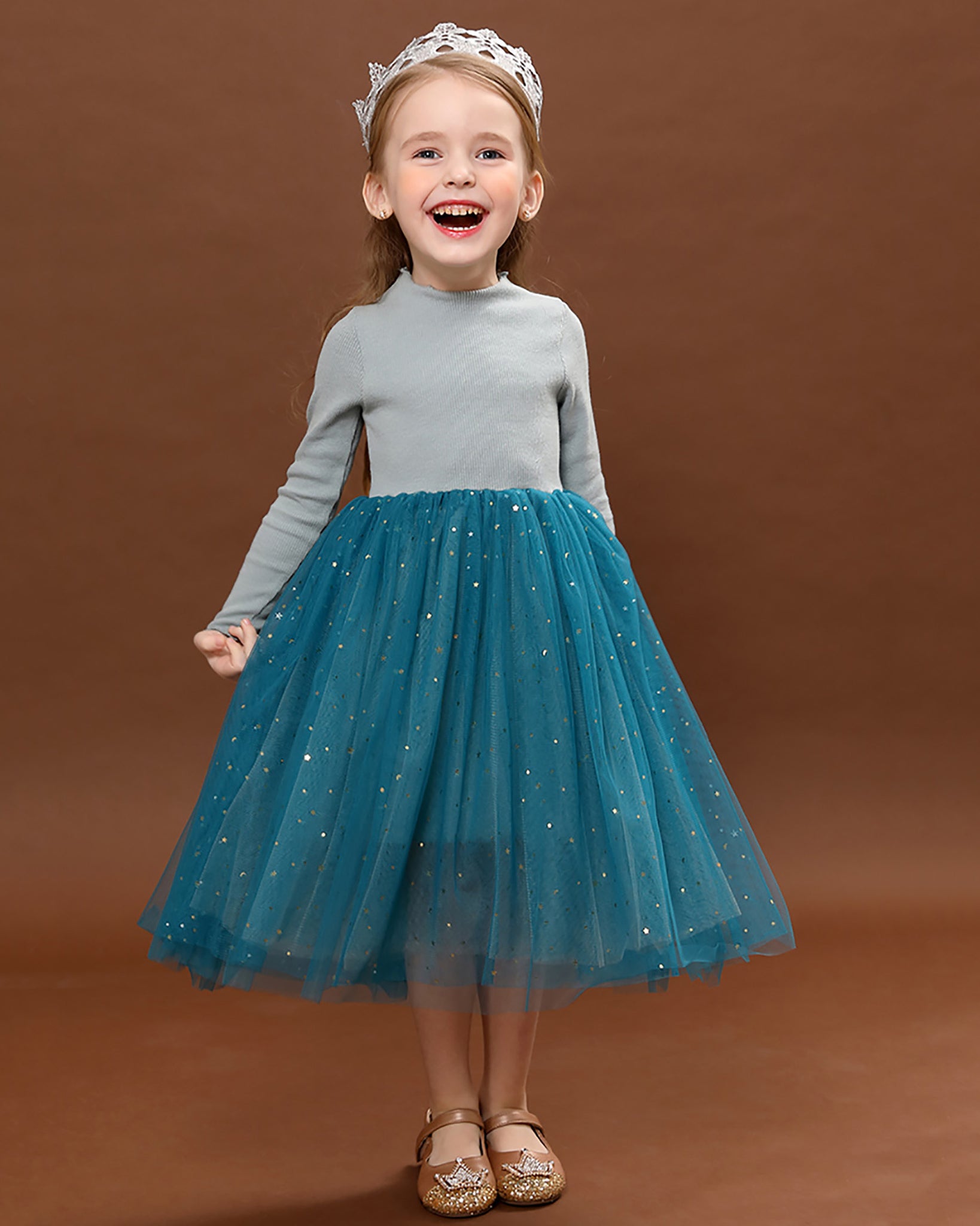 Baby Girls Long-sleeve Starry Blue Princess Dress Party Dress