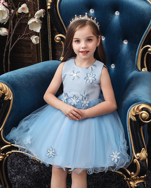 Girls Sleeveless Tulle Flower Party Dress Up Knee-Length Pageant Dress