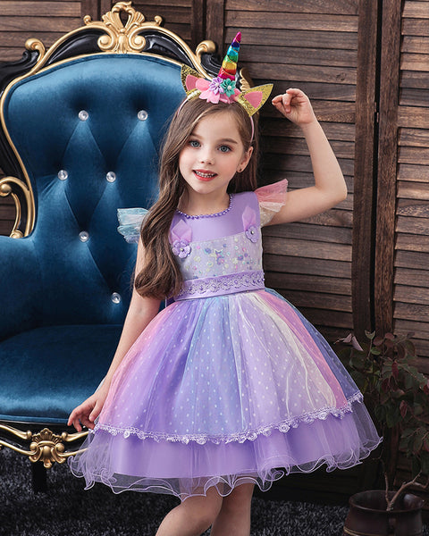 Baby Girls Flower Sequin Floral Knee-Length Dress Pageant Party Dress With Unicorn Headband