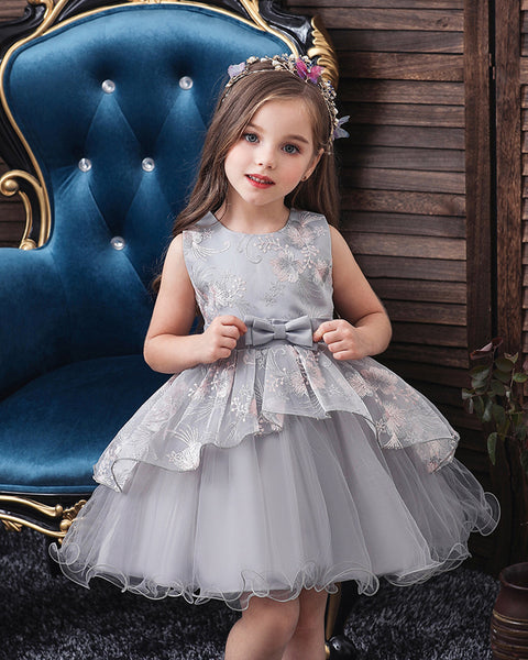 Girls Sleeveless Embroidered Bow Tie Dress Party Wedding Flower Dress