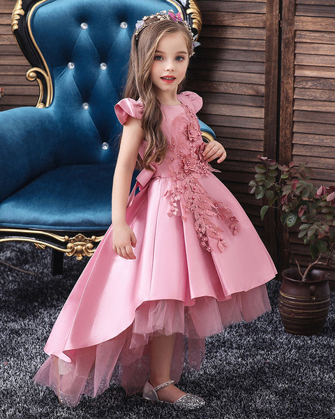 Girls Floral Embroidered Tulle Birthday Wedding Dress Flower Girl Dress With Train