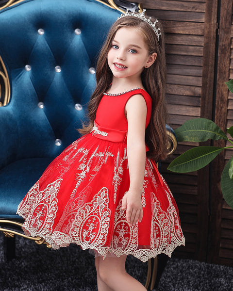 Girls Sleeveless Embroidered Wedding Dress Up Knee-length Pageant Dress