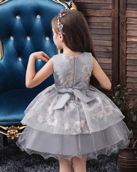 Girls Sleeveless Embroidered Bow Tie Dress Party Wedding Flower Dress