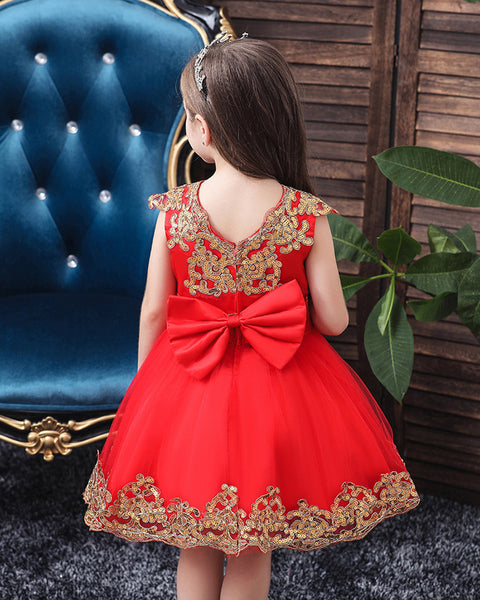 Girls Embroidered Sequins Tulle Dress Big Bow Flower Girl Dress