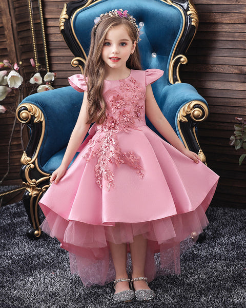 Girls Floral Embroidered Tulle Birthday Wedding Dress Flower Girl Dress With Train