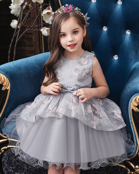 Girls Sleeveless Embroidered Bow Tie Dress Party Wedding Flower Dress