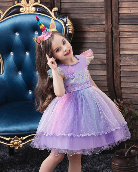 Baby Girls Flower Sequin Floral Knee-Length Dress Pageant Party Dress With Unicorn Headband