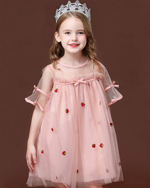 Baby Girls Strawberry Pink Half-transparency Shoulder Princess Dress