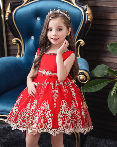 Girls Sleeveless Embroidered Wedding Dress Up Knee-length Pageant Dress