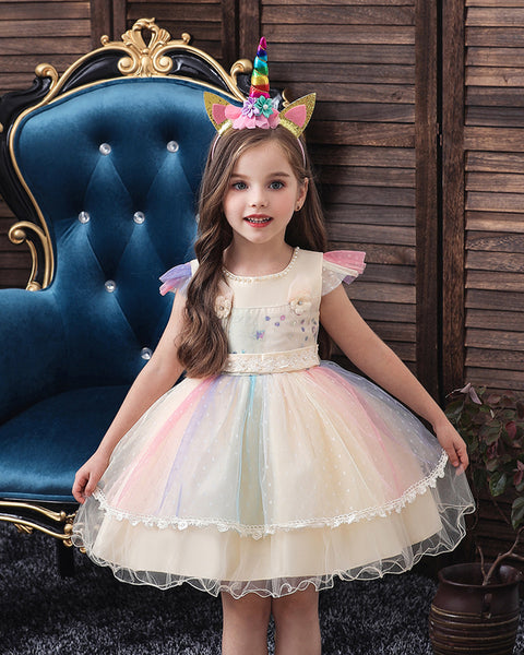 Baby Girls Flower Sequin Floral Knee-Length Dress Pageant Party Dress With Unicorn Headband