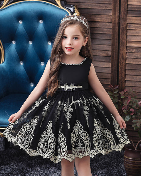 Girls Sleeveless Embroidered Wedding Dress Up Knee-length Pageant Dress