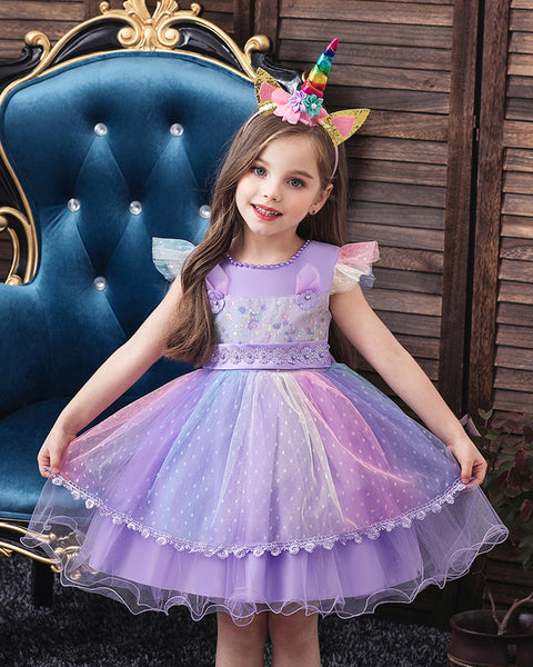 Baby Girls Flower Sequin Floral Knee-Length Dress Pageant Party Dress With Unicorn Headband