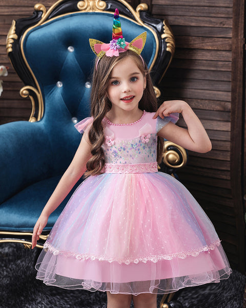 Baby Girls Flower Sequin Floral Knee-Length Dress Pageant Party Dress With Unicorn Headband