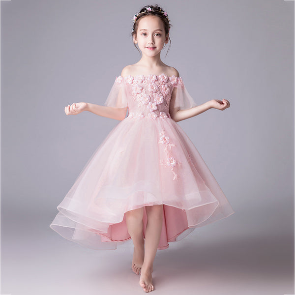 Girls 3D Embroidered Appliques Dress High-low Hem Princess Dress for Wedding Party